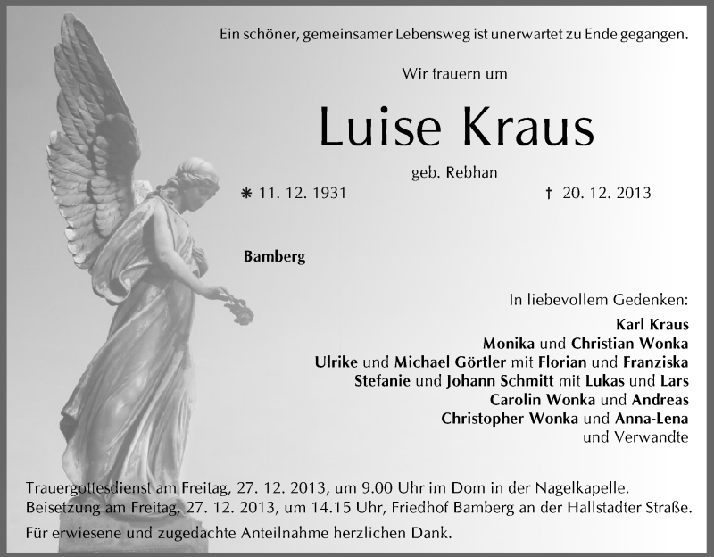  Traueranzeige für Luise Kraus vom 24.12.2013 aus MGO