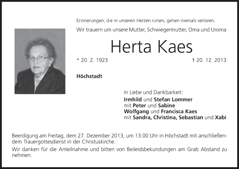  Traueranzeige für Herta Kaes vom 24.12.2013 aus MGO