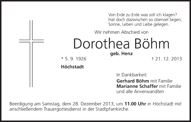  Traueranzeige für Dorothea Böhm vom 24.12.2013 aus MGO