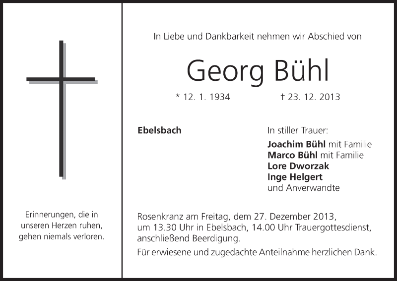  Traueranzeige für Georg Bühl vom 24.12.2013 aus MGO