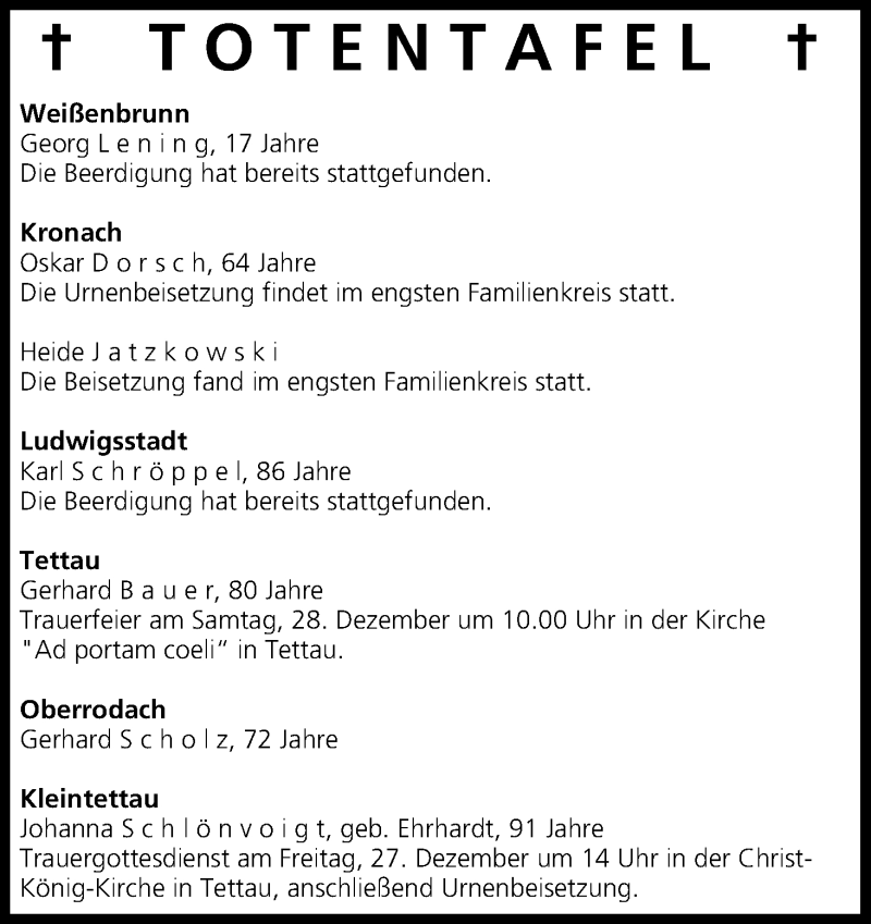  Traueranzeige für Totentafel vom 24.12.2013 vom 24.12.2013 aus MGO