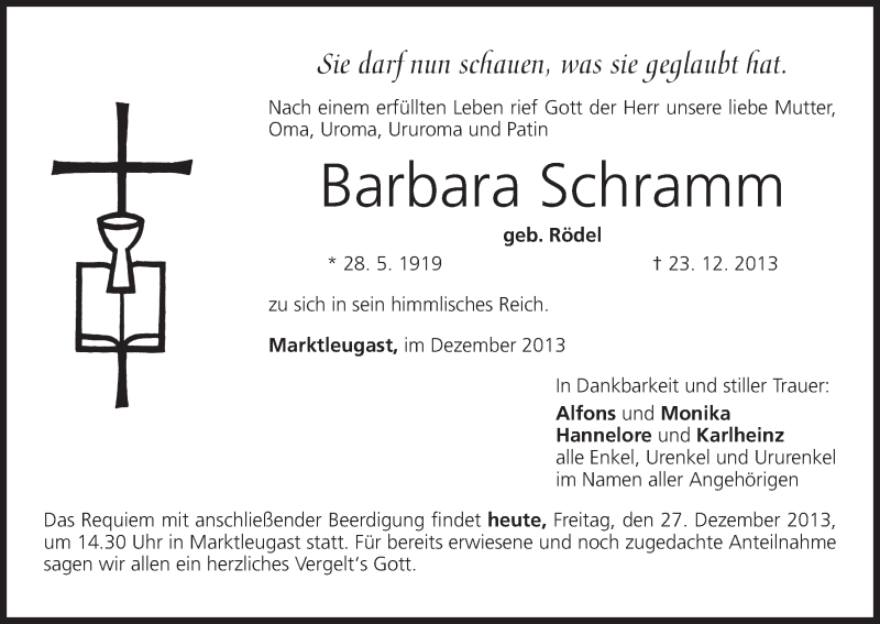  Traueranzeige für Barbara Schramm vom 27.12.2013 aus MGO