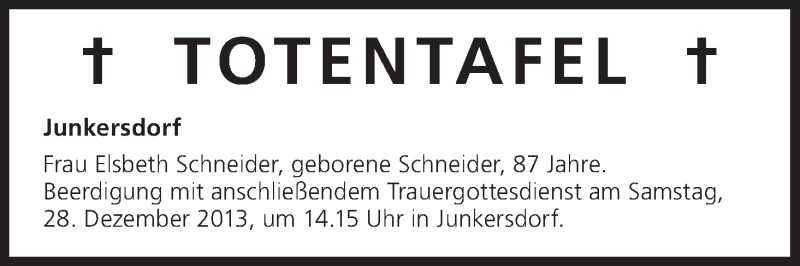  Traueranzeige für Totentafel vom 28.12.2013 vom 28.12.2013 aus MGO
