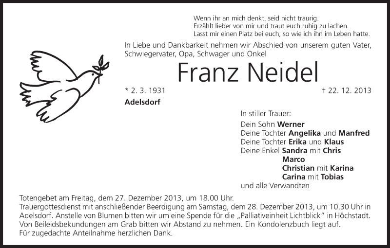  Traueranzeige für Franz Neidel vom 24.12.2013 aus MGO