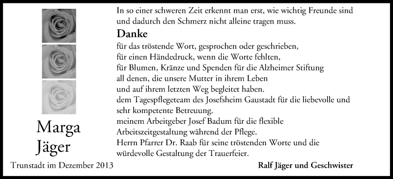  Traueranzeige für Marga Jäger vom 28.12.2013 aus MGO