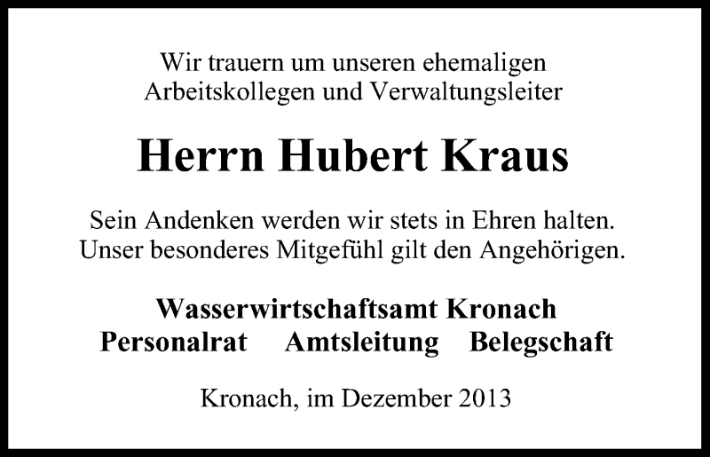  Traueranzeige für Hubert Kraus vom 28.12.2013 aus MGO