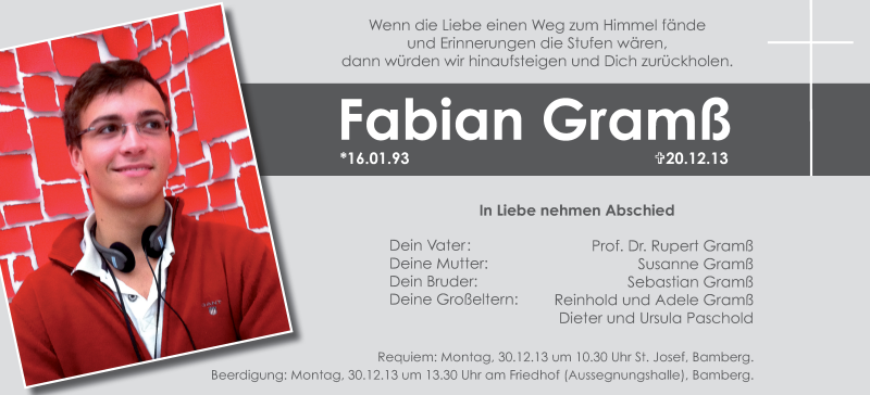  Traueranzeige für Fabian Gramß vom 28.12.2013 aus MGO