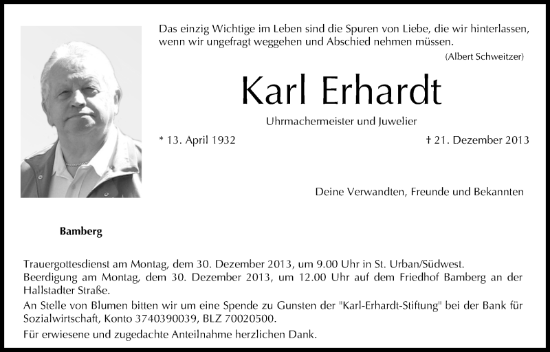  Traueranzeige für Karl Erhardt vom 24.12.2013 aus MGO