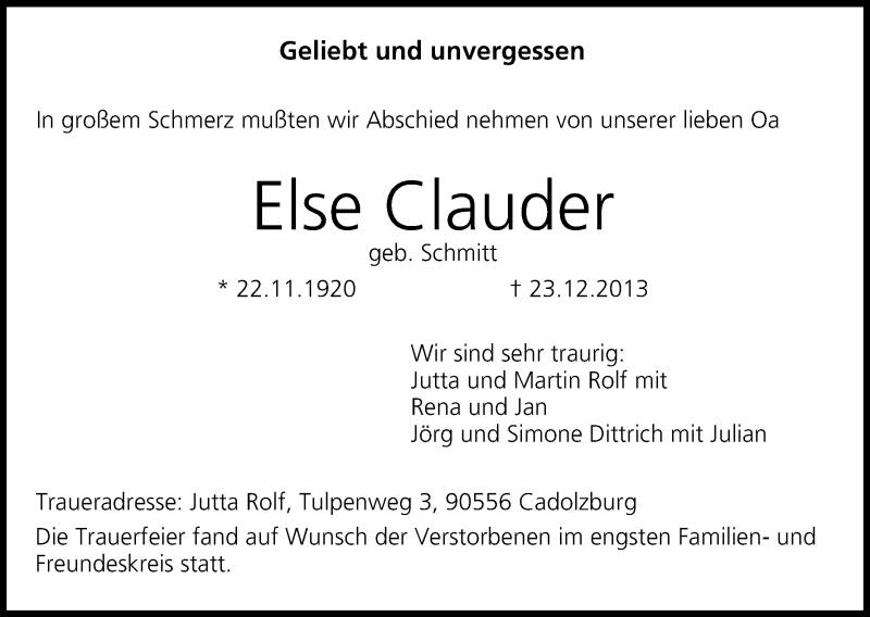  Traueranzeige für Else Clauder vom 31.12.2013 aus MGO
