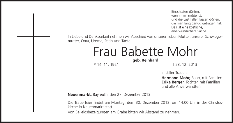  Traueranzeige für Babette Mohr vom 27.12.2013 aus MGO