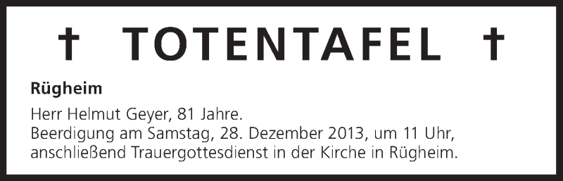  Traueranzeige für Totentafel vom 27.12.2013 vom 27.12.2013 aus MGO