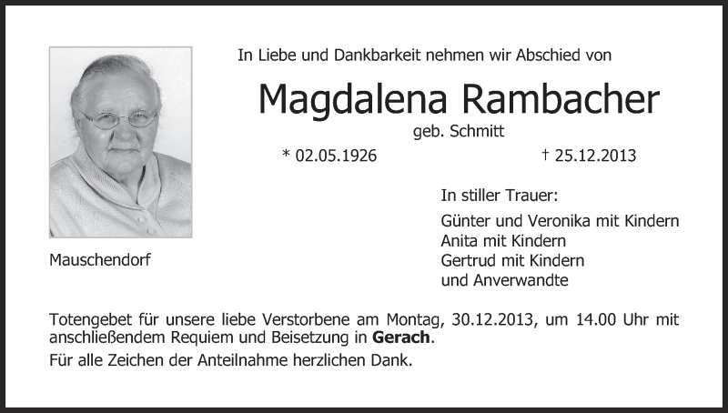  Traueranzeige für Magdalena Rambacher vom 28.12.2013 aus MGO