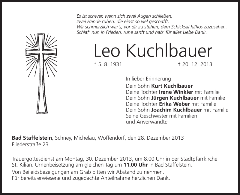  Traueranzeige für Leo Kuchlbauer vom 28.12.2013 aus MGO