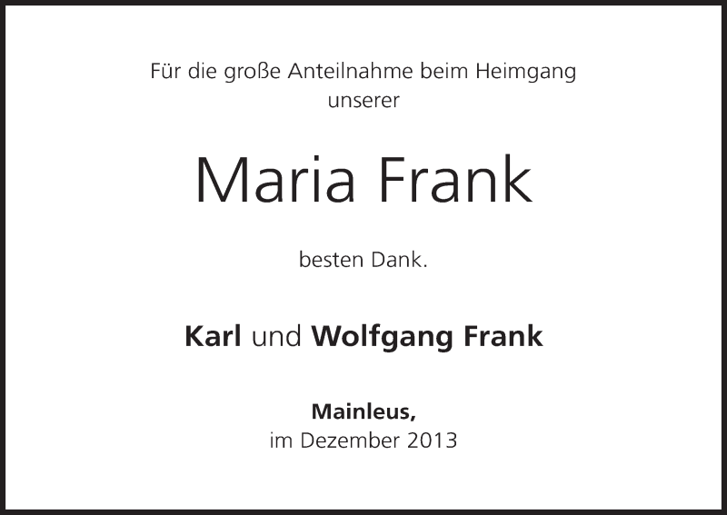  Traueranzeige für Maria Frank vom 28.12.2013 aus MGO