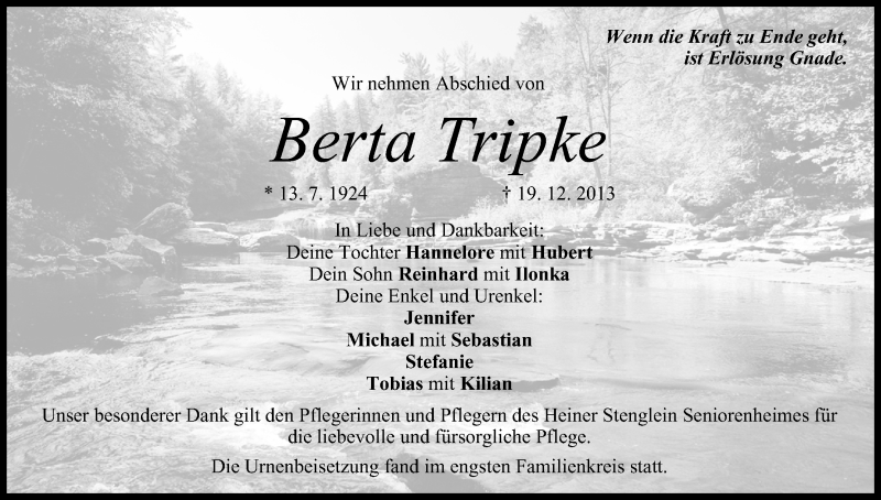  Traueranzeige für Berta Tripke vom 11.01.2014 aus MGO