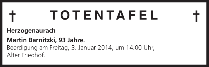  Traueranzeige für Totentafel vom 28.12.2013 vom 28.12.2013 aus MGO