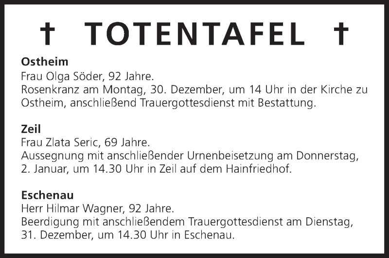  Traueranzeige für Totentafel vom 30.12.2013 vom 30.12.2013 aus MGO