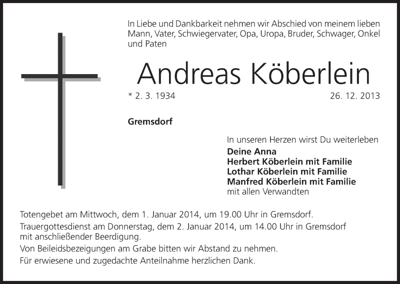  Traueranzeige für Andreas Köberlein vom 30.12.2013 aus MGO