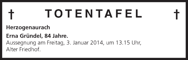  Traueranzeige für Totentafel vom 31.12.2013 vom 31.12.2013 aus MGO