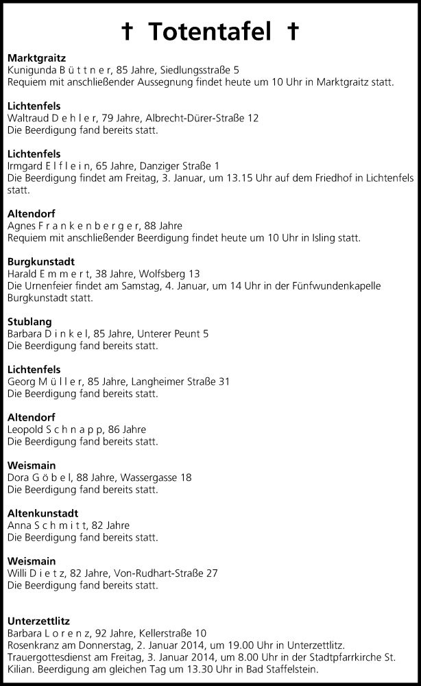  Traueranzeige für Totentafel vom 31.12.2013 vom 31.12.2013 aus MGO