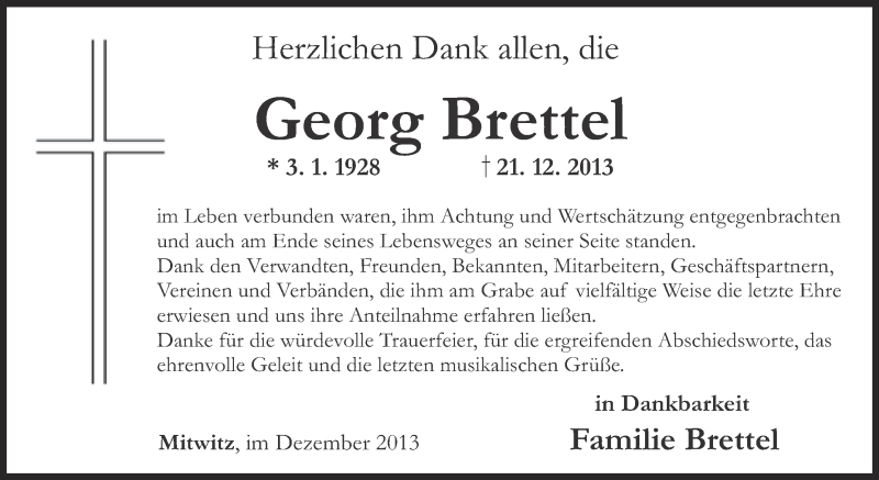  Traueranzeige für Georg Brettel vom 31.12.2013 aus MGO