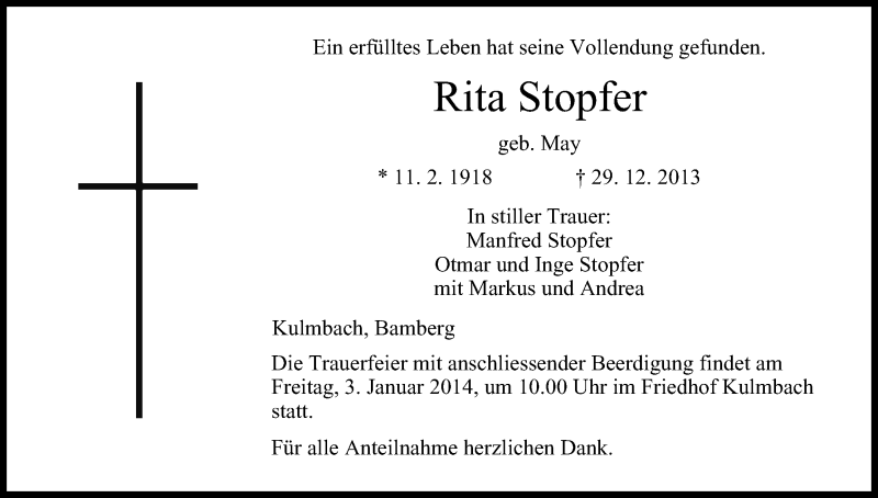  Traueranzeige für Rita Stopfer vom 02.01.2014 aus MGO