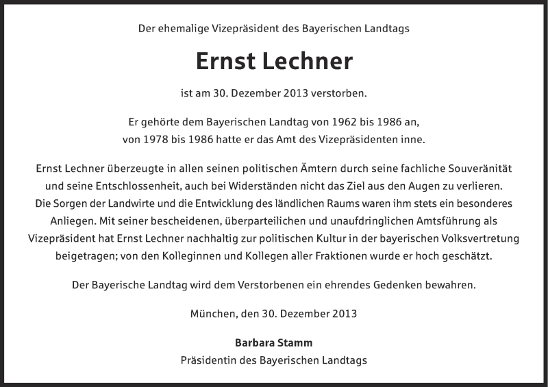  Traueranzeige für Ernst Lechner vom 02.01.2014 aus MGO