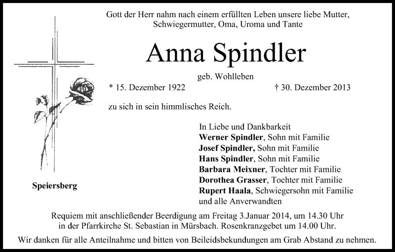  Traueranzeige für Anna Spindler vom 02.01.2014 aus MGO