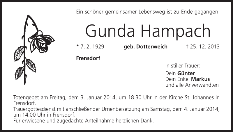  Traueranzeige für Gunda Hampach vom 02.01.2014 aus MGO