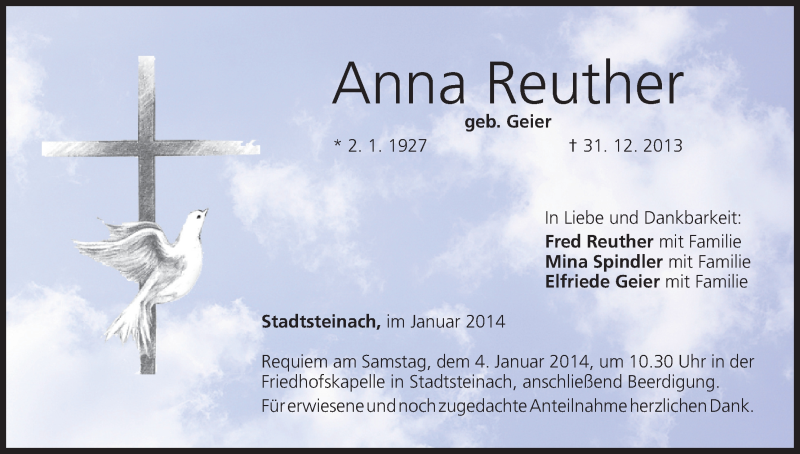  Traueranzeige für Anna Reuther vom 02.01.2014 aus MGO