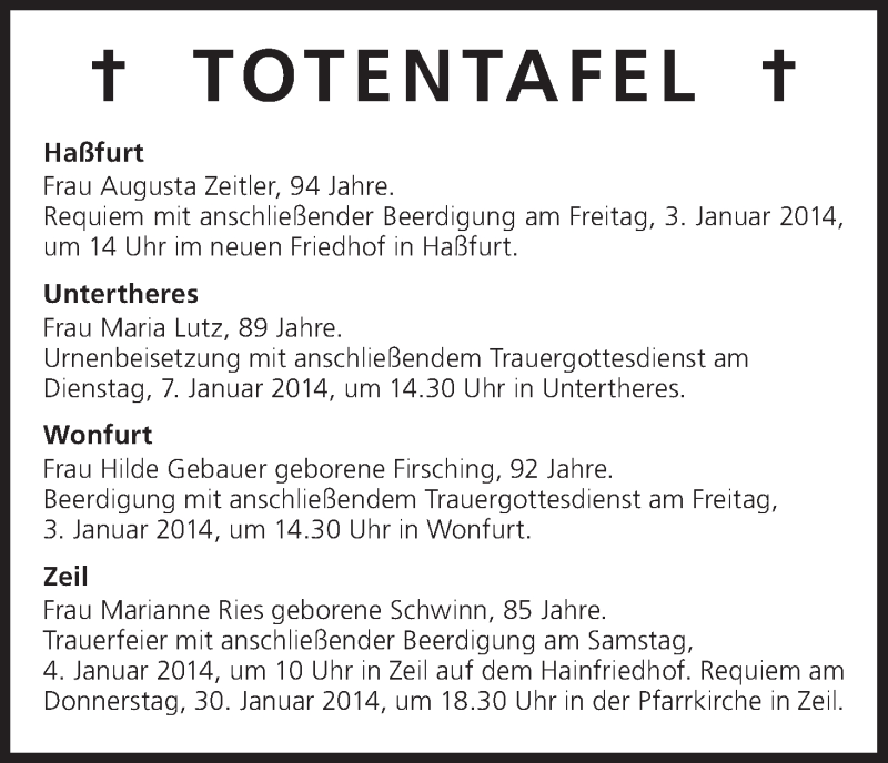  Traueranzeige für Tottentafel 20140103 vom 03.01.2014 aus MGO