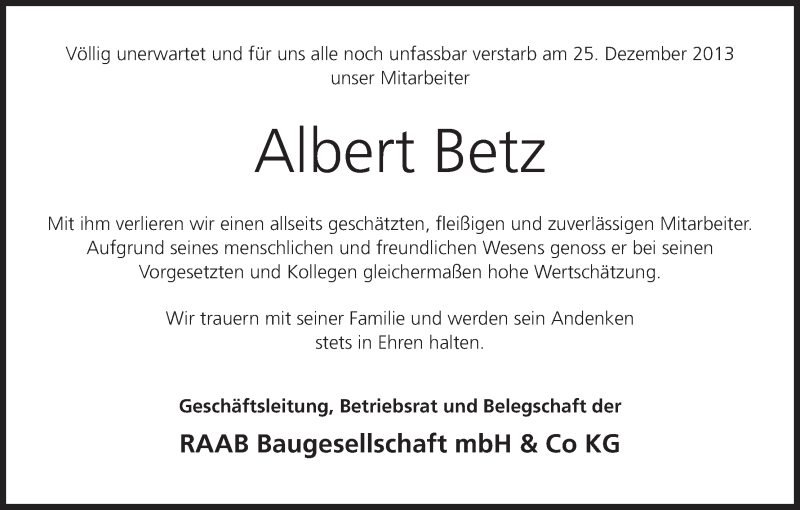  Traueranzeige für Albert Betz vom 03.01.2014 aus MGO