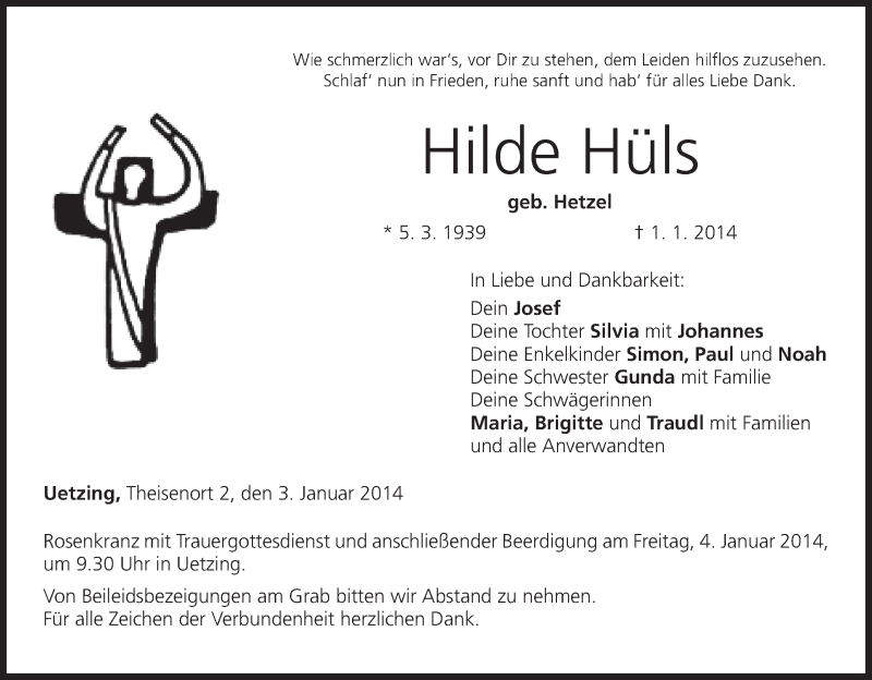  Traueranzeige für Hilde Hüls vom 03.01.2014 aus MGO