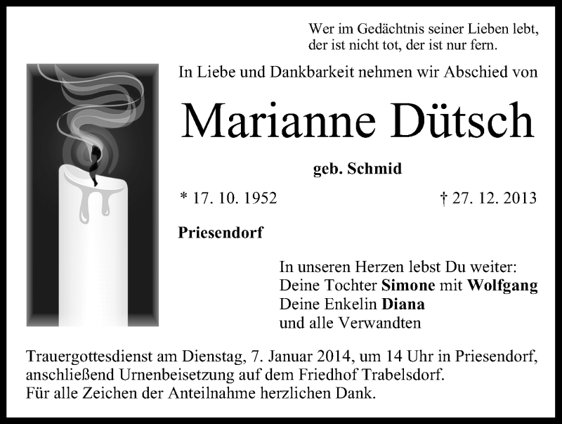  Traueranzeige für Marianne Dütsch vom 04.01.2014 aus MGO