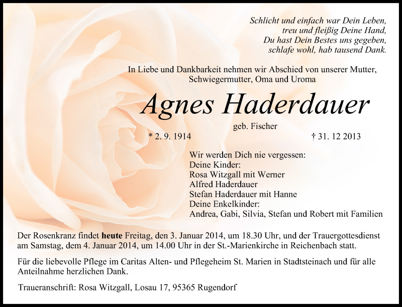  Traueranzeige für Agnes Haderdauer vom 03.01.2014 aus MGO