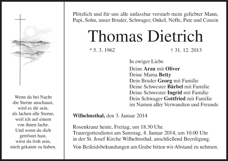  Traueranzeige für Thomas Dietrich vom 03.01.2014 aus MGO