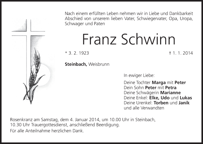  Traueranzeige für Franz Schwinn vom 03.01.2014 aus MGO