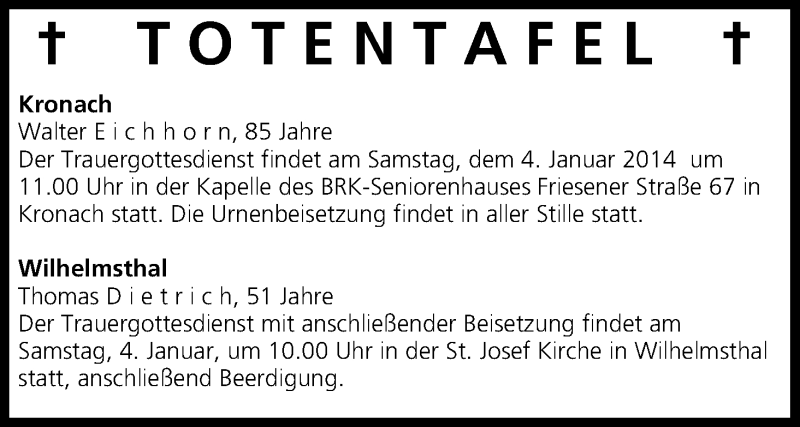  Traueranzeige für Totentafel vom 04.01.2014 vom 04.01.2014 aus MGO