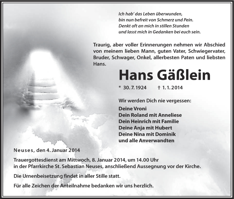  Traueranzeige für Hans Gäßlein vom 04.01.2014 aus MGO