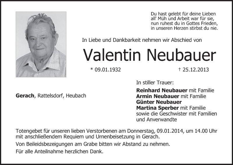  Traueranzeige für Valentin Neubauer vom 07.01.2014 aus MGO