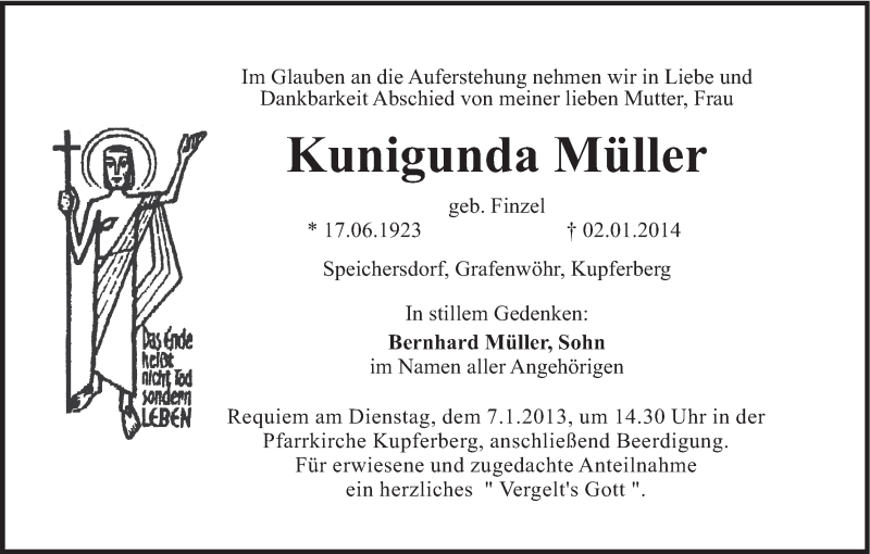  Traueranzeige für Kunigunda Müller vom 04.01.2014 aus MGO