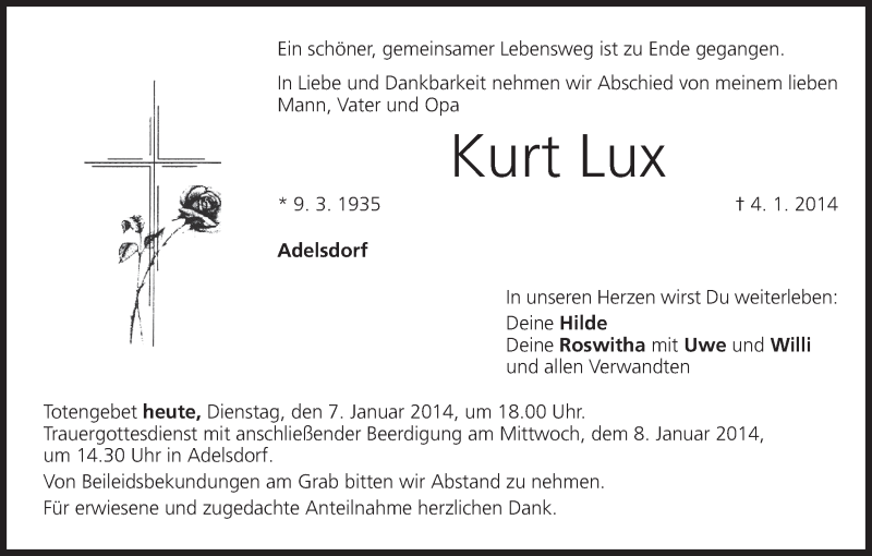  Traueranzeige für Kurt Lux vom 07.01.2014 aus MGO