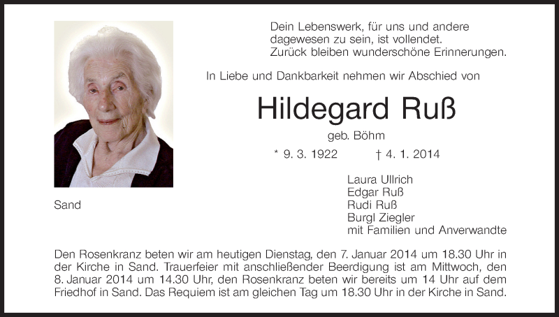  Traueranzeige für Hildegard Ruß vom 07.01.2014 aus MGO
