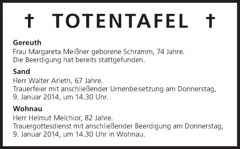  Traueranzeige für Totentafel vom 08.01.2014 vom 08.01.2014 aus MGO