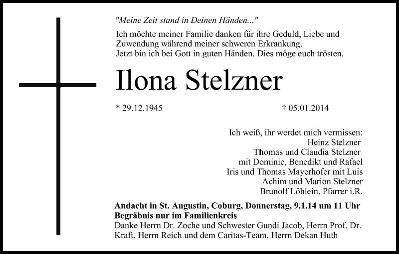  Traueranzeige für Ilona Stelzner vom 07.01.2014 aus MGO