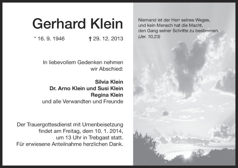  Traueranzeige für Gerhard Klein vom 08.01.2014 aus MGO