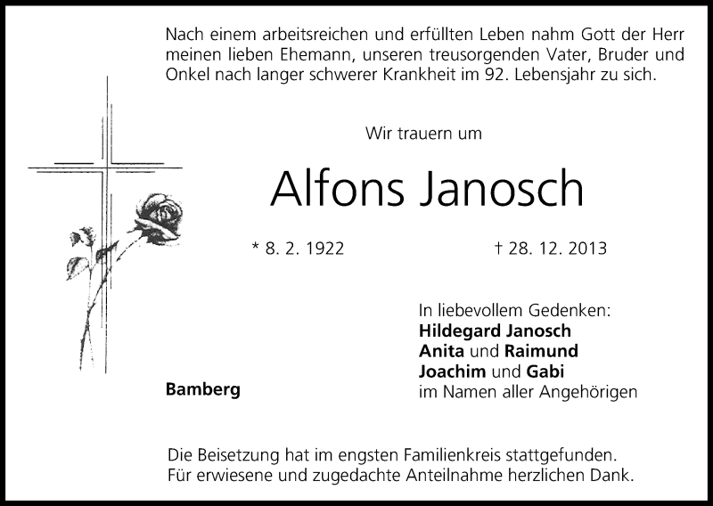  Traueranzeige für Alfons Janosch vom 08.01.2014 aus MGO