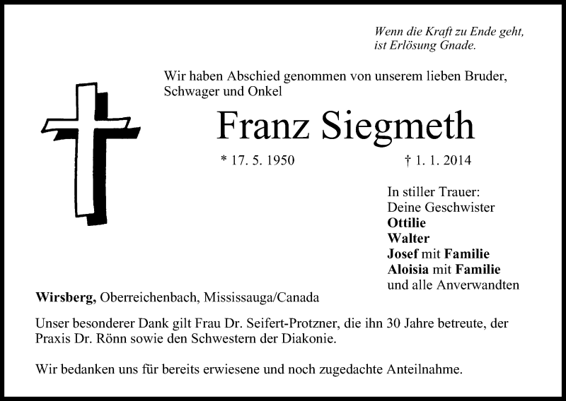  Traueranzeige für Franz Siegmeth vom 08.01.2014 aus MGO