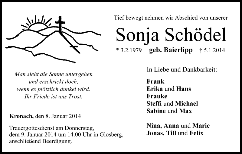  Traueranzeige für Sonja Schödel vom 08.01.2014 aus MGO