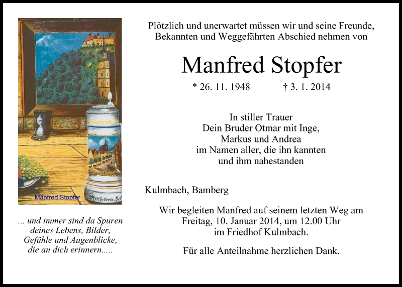  Traueranzeige für Manfred Stopfer vom 08.01.2014 aus MGO